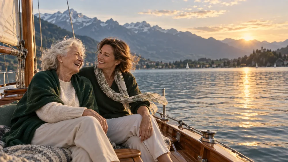 Eine Reisende und ihre Begleiterin lachen gemeinsam auf einem Segelboot