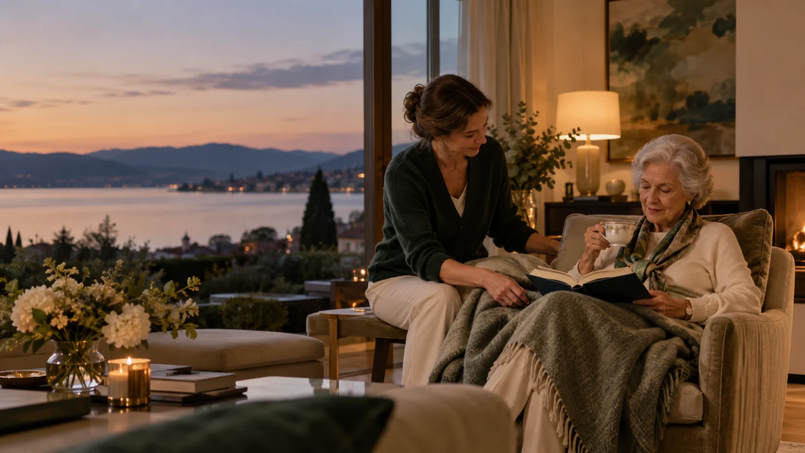 Betreuungsperson und ältere Dame am Abend in einem eleganten Wohnzimmer mit Blick auf den Zürichsee